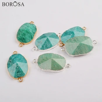 

BOROSA 5PCS Gild/Silver Color Natural Green Blue Amazonite Faceted Connector Natural Gems for Bracelet Jewelry Wholesale G1811