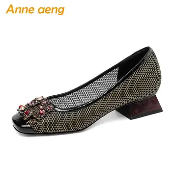 

2019 New Spring Genuine Leather Women Pumps Middle Heel Square Toe Shallow Metal Net Crystal Fashion Women Cow Leather Shoes