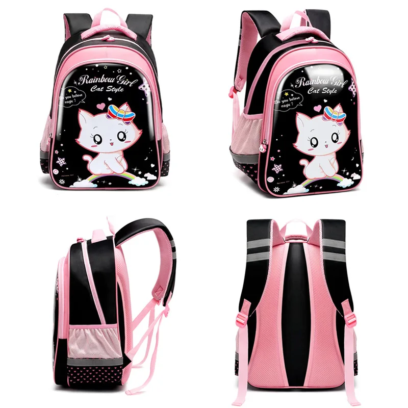 Черный рюкзак с кошкой, блестящий школьный рюкзак из искусственной кожи для девочек, школьный большой рюкзак, детский школьный рюкзак, сумка для девочек