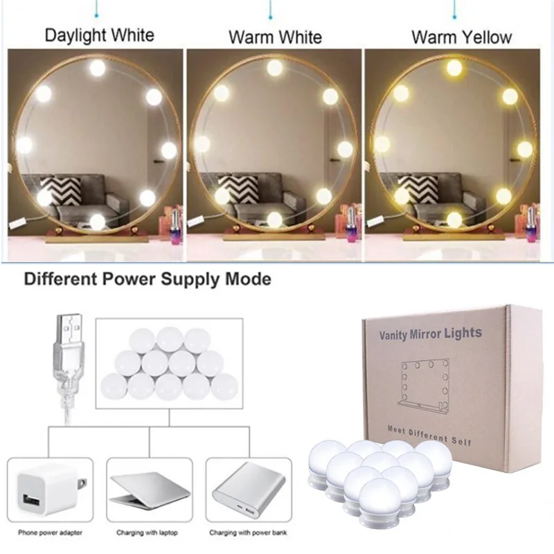 

LED Mirror 10 Bulbs Makeup Light Beauty Make Up Dressing Cosmetic Mirror Light Kits Hollywood Style USB Port Vanity #289551