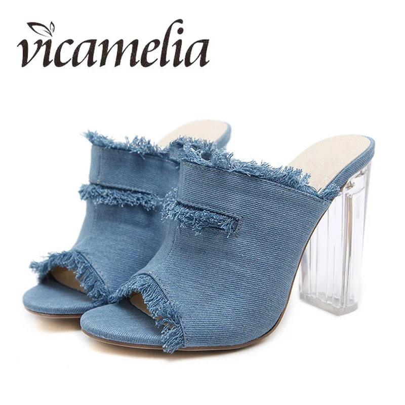 

Newest Lucite High Heel Sandals Ladies Open Toe Fish Mouth Denim Solid Slippers Transparent Chunky Heel Slippers Vicamelia 040
