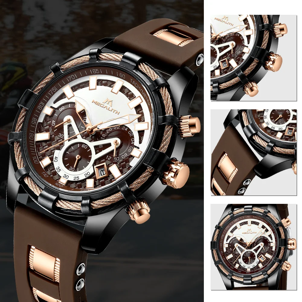 

MEGALITH Mechanical Men Watches Male Sports Casual Fashion Rubber Gym Wrist Watch Waterproof Clock Brown Montre Hombre 8042