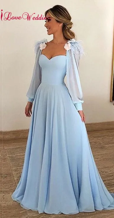 Новое поступление, милое платье с длинными рукавами, голубой шифон, платье для выпускного на заказ, длинное выпускное платье