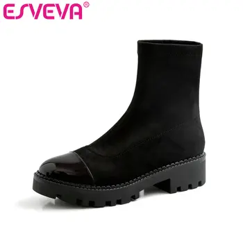 

ESVEVA 2020 Women Shoes Winter Ankle Boots Patent Leather+pu Square Med Heel Slip On Motorcycle Platform Boots Size 34-40
