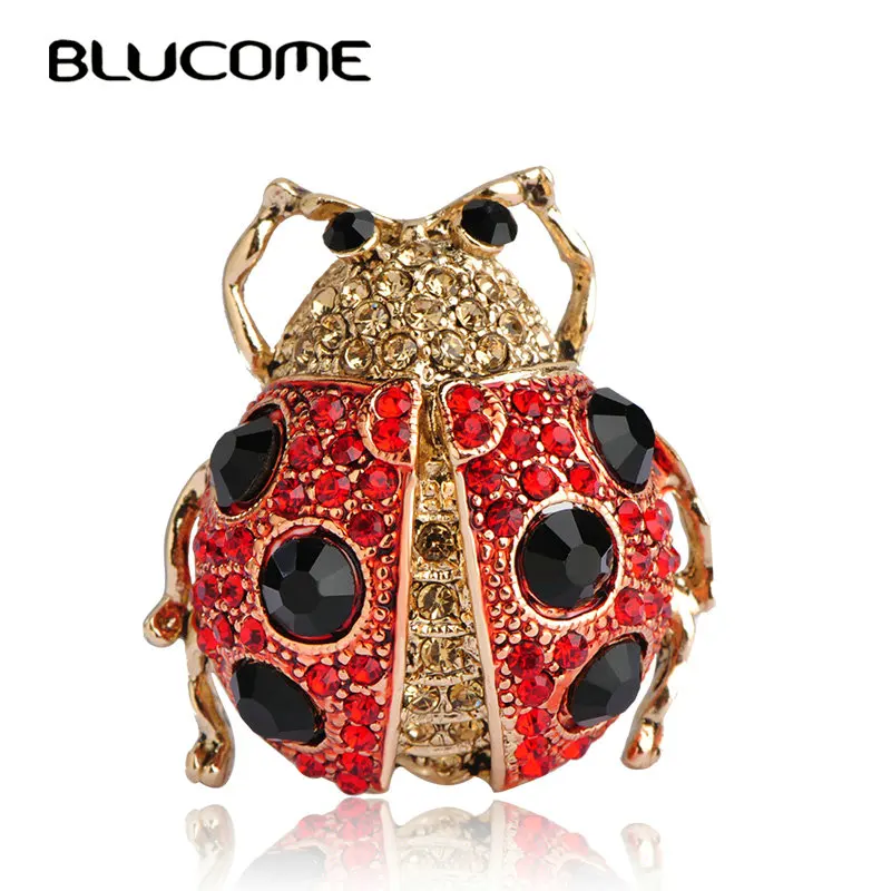Blucome Crystal Ladybug Brooches For Women Men Red Insect Brooch Collar Clip Accessories Animal Insects Big Hijab Pins Jewelry