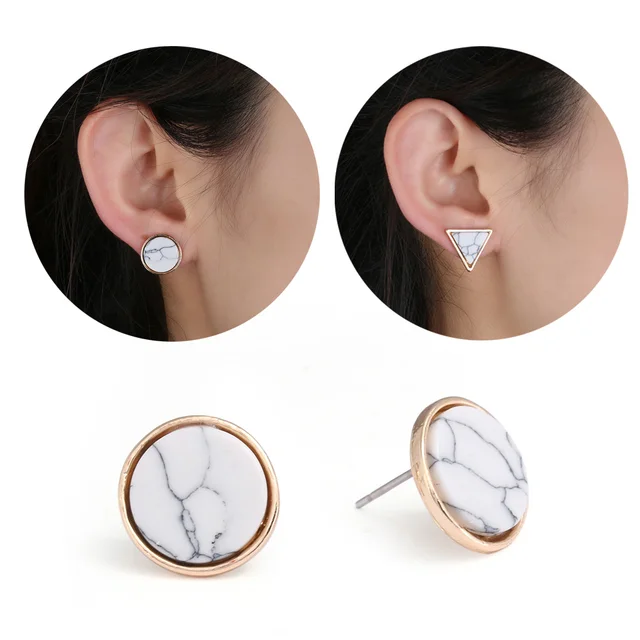 1 Pair Trendy Earring Fashion Gold Square Round Geometric Marbled 1 Pair Trendy Earring Fashion Gold Square Round Geometric Marbled White Faux Stone Stud Earrings For