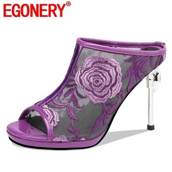

EGONERY shoes woman 2019 summer new fashion sexy super high thin heels platform mesh woman slippers outside party ladies shoes