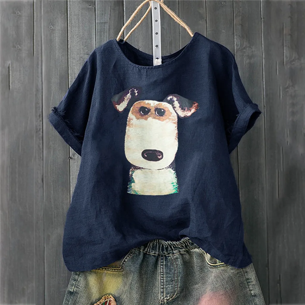 

Women's casual large size dog print women's shirt top loose linen button top shirt shirt blususa mujer de moda 2019