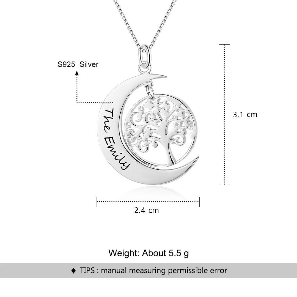 Moon Форма жизни Дерево Дизайн персонализированные выгравировать имя Цепочки и ожерелья 925 стерлингов Серебряные ожерелья и Подвески(JewelOra ne102382