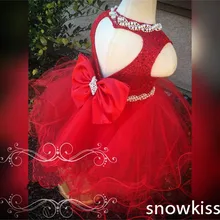 Красивое красное платье с блестками и цветочным узором для девочек, с бантом со стразами, привлекательные блестящие Бальные платья с открытой спиной и сердцем для дня рождения