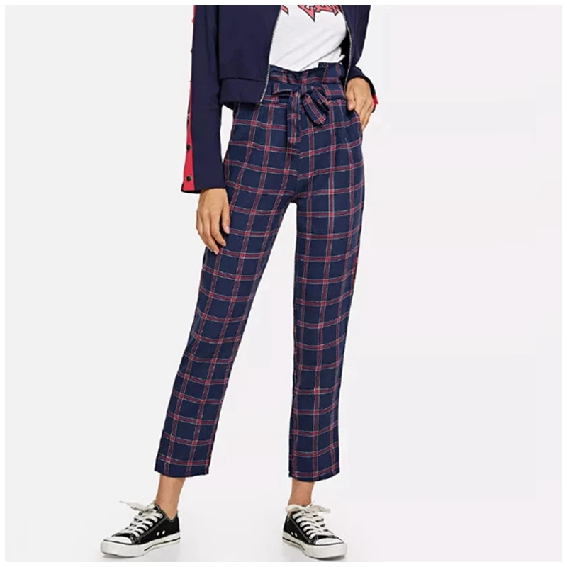 High Rise Plaid Cigarette Pants Women 