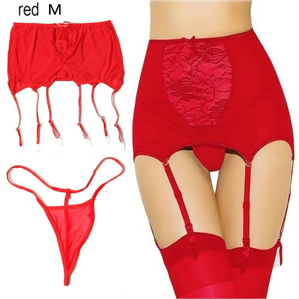 red M Okdeals Women Fashion Sexy Hollow Babydoll Stocking Suspender Lace Garter Belt+ G-string Thigh-Highs Suspender Set Plus Size - Цвет: red M