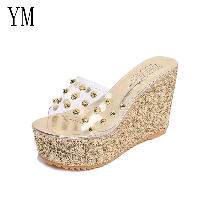 019 Sexy PVC Women Wedge Heel Heels Platform Sandals Summer Slippers Thick Heel Slippers Slides Ladies Shoes Zapatos Mujer 35-39