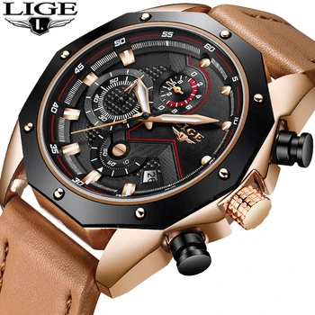 

Relogio Masculino LIGE Mens Watches Top Brand Luxury Leather Quartz Gold Watch Men Casual Military Waterproof Sport Wristwatch