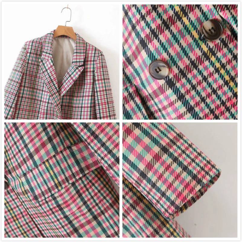 2019 Vintage Office Ladies Plaid Blazer Women Button Long Sleeve Suit Coat Female Double Breasted Jacket blazers Femme Outerwear