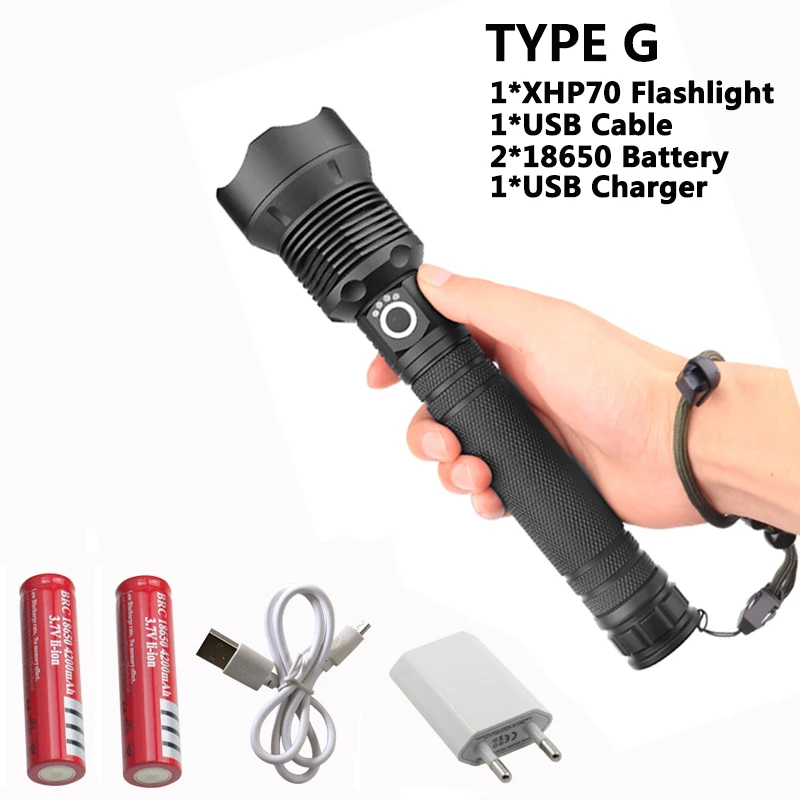 TYPE G Светодиодный фонарь XHP70 XHP50, масштабируемый фонарь, перезаряжаемый через USB, светодиодный фонарь, Тактический Защитный фонарь для кемпинга - Испускаемый цвет: TYPE G