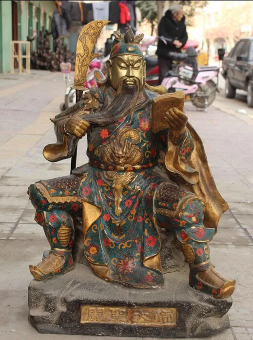 

xiuli 003295 34" Huge Cloisonne Bronze Gilt Seat Dragon Guan Gong Yu Warrior Guangong Statue