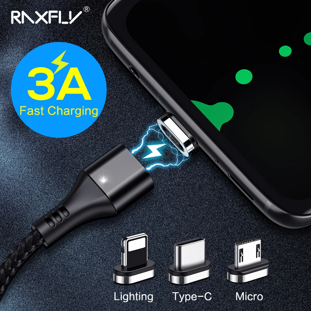 RAXFLY Магнитный usb кабель для зарядки 3A провод для быстрого заряда Micro usb type C кабель для samsung S9 нейлоновое магнитное зарядное устройство для iPhone