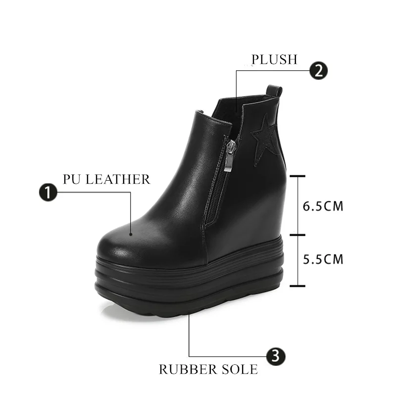 Women's Platform Boots Winter Leather Hidden Heel Ladies Black Ankle Boots Warm Plush Woman Winter Ankle Boot Platform Shoe