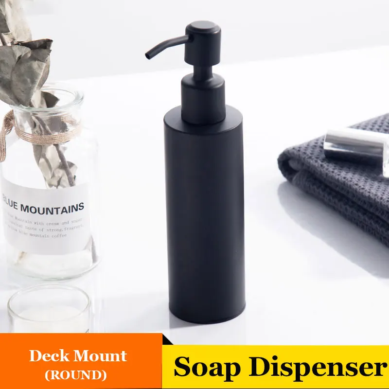 ULGKSD матовый черный диспенсер для мыла 300 мл круглый квадратный Настенный/палубное крепление ручные дозаторы для мыла используется для раковины аксессуары для ванной комнаты - Цвет: Round Deck Mount