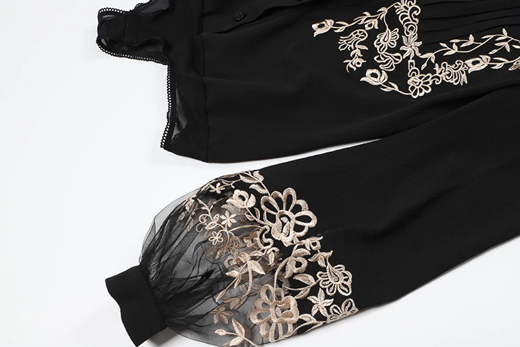 SEQINYY рубашка с вышивкой весна лето Женская Новая Винтажная черная плиссированная элегантная Роскошная тонкая рубашка