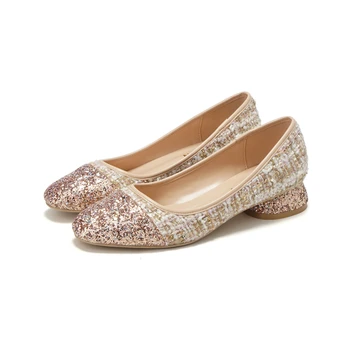 

kmeioo fashion glitter pumps woman round toe med heels shallow shoes summer spring chunky heels slip-on pumps