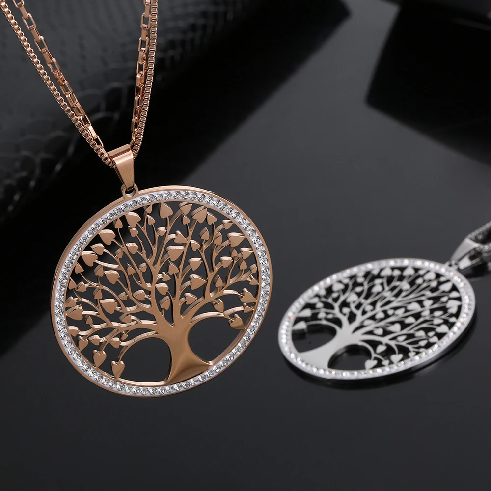 Gold Tree Of Life Big Round Pendant Necklace With Rhinestone Geometry Stainless Steel Long Necklaces for Women Jewelry New