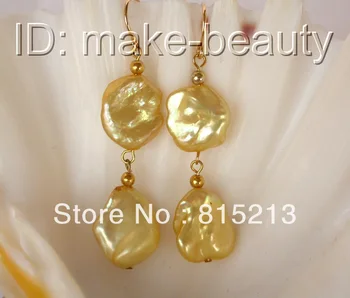 

wb00283 stunning big 15mm baroque gold keshi reborn pearl dangle earrings 14KGP clasp
