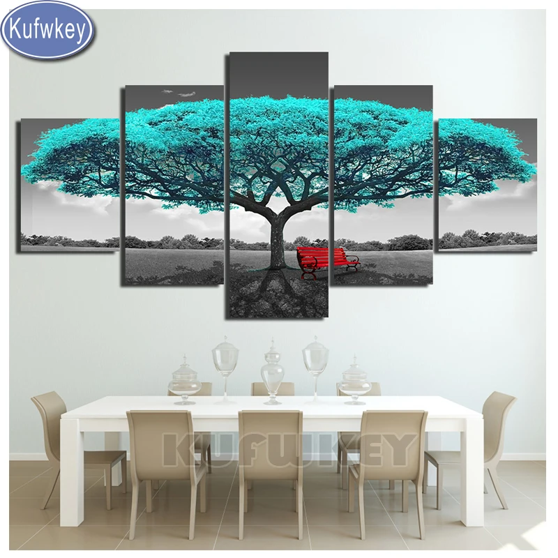 

5 Panel Diy Diamond painting "pink/blue/red Tree"full drill square diamond Embroidery sale Cross-Stitch scenery Landscape Decor