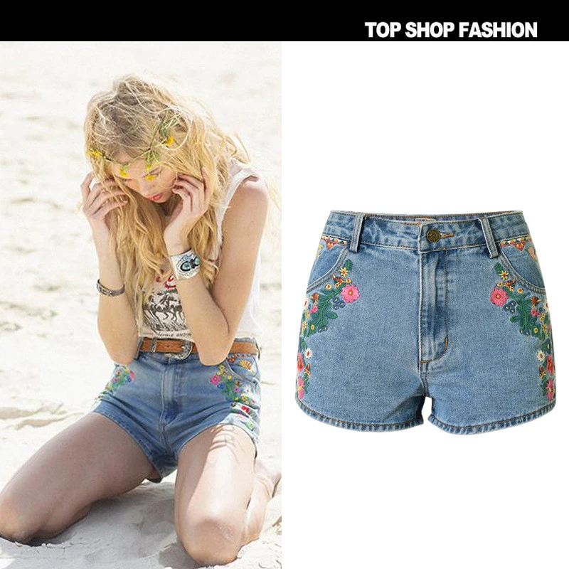 New Fashion Women Tassel Floral Jeans Shorts Summer Flower Embroidery Denim Shorts High Waist Ripped Shorts