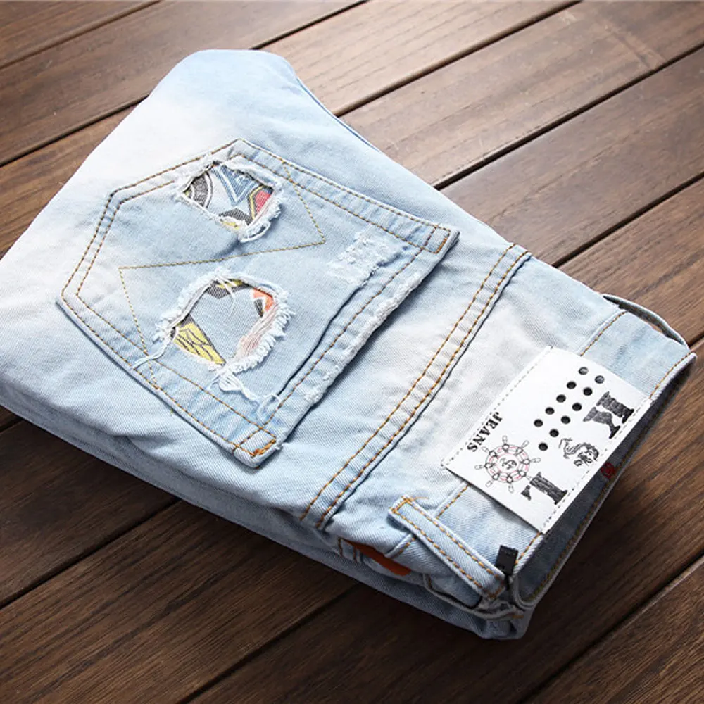 Men Jeans Stretch Destroyed Ripped Design Fashion Badge Patchwork Skinny Jeans For Man Slim Fit Biker Holes Cotton Denim Pants