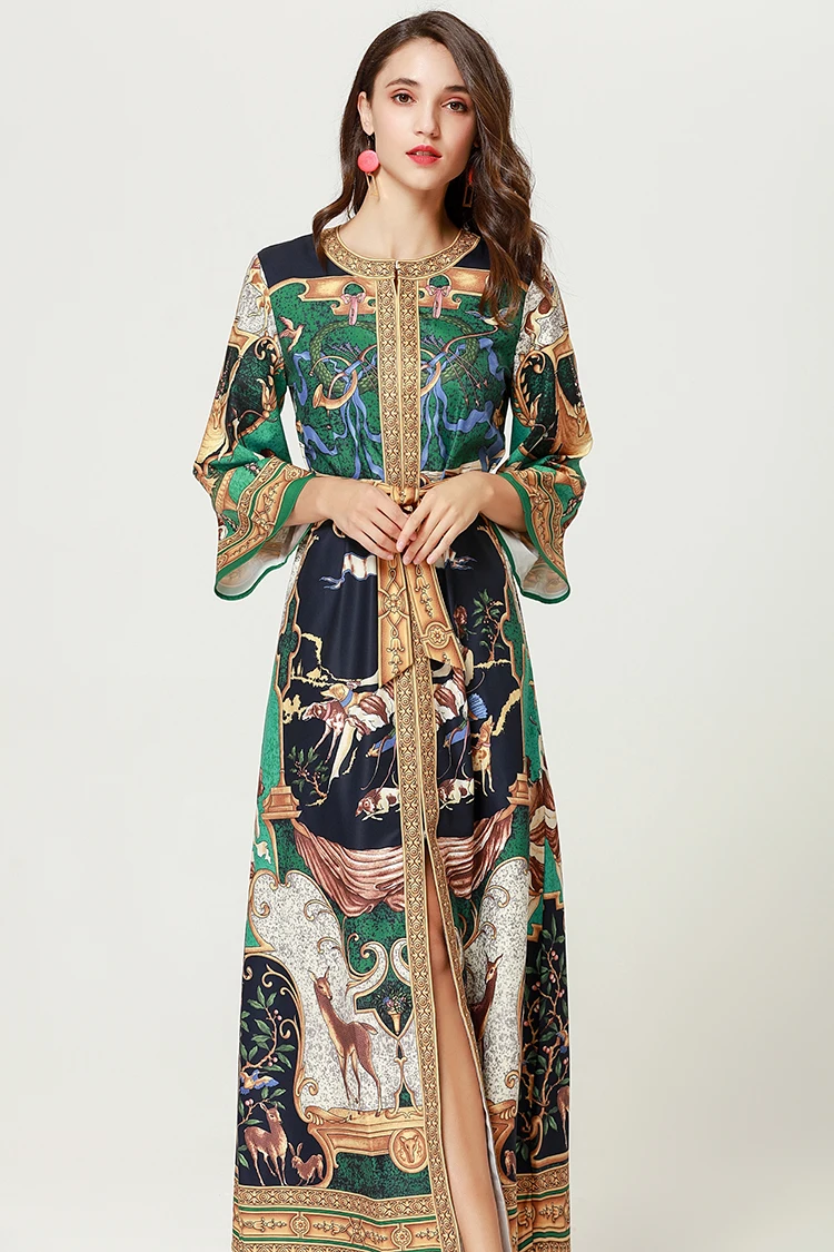 AELESEEN, винтажное подиумное платье XXL, с принтом,, осенняя мода, полный рукав, пояс, животное, мусульманское, с принтом, длинное, элегантное, свободное платье