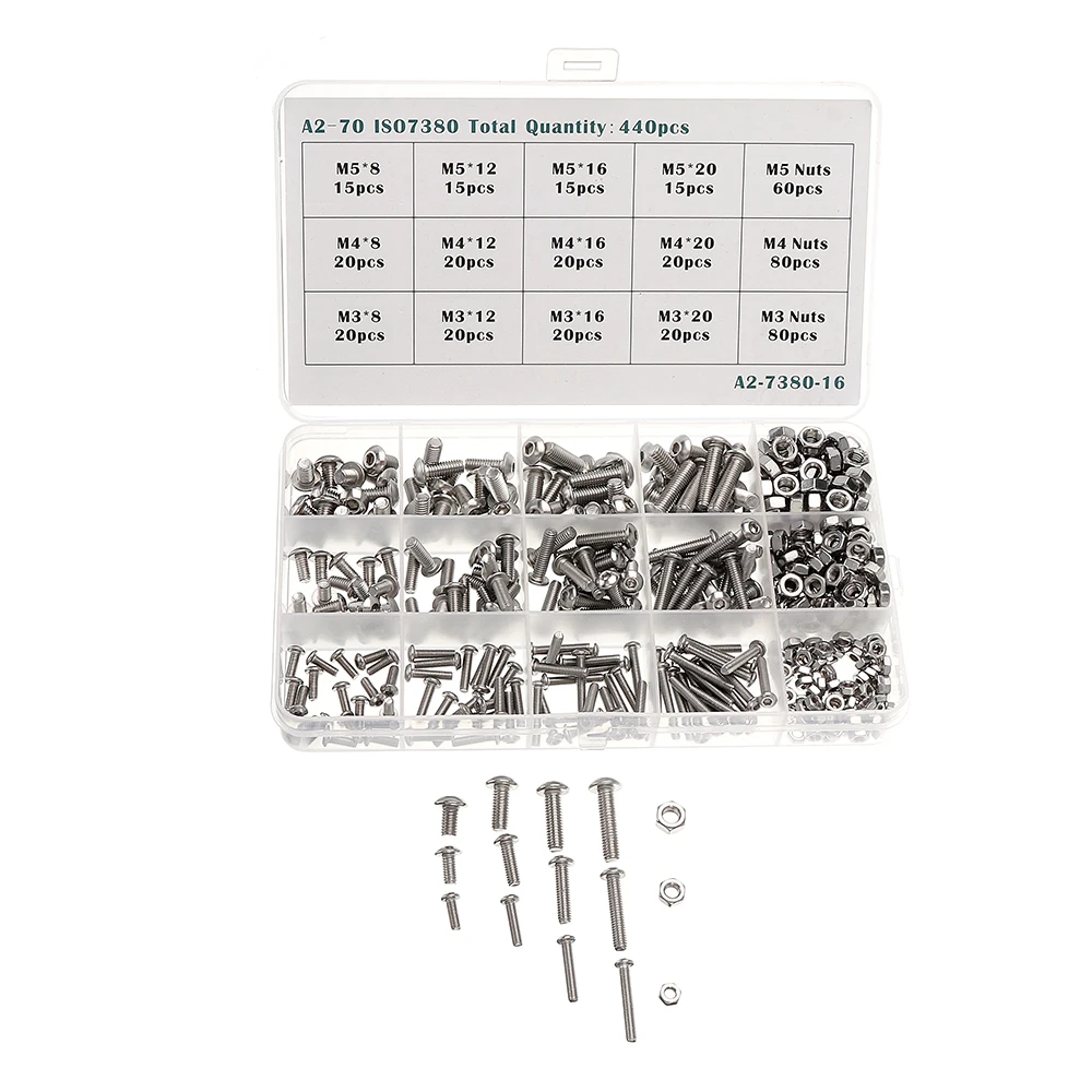 

440Pcs Hex Socket Bolt Nut M3/ M4/ M5 Round Head Hexagon Screw Nut Kit Set