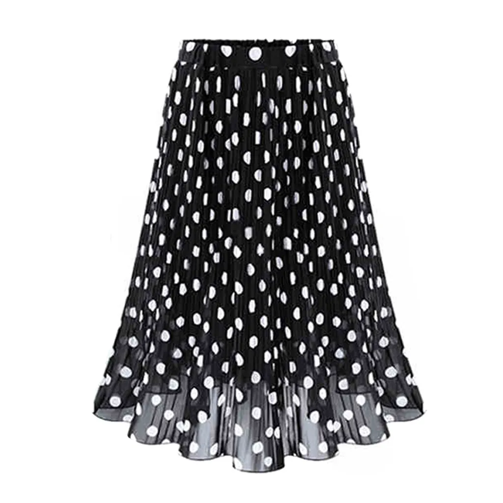 summer Autumn skirts womens Casual high waist skirts Chiffon Dot Pleated elegant elastic Midi Flared Skirt Large size L0710