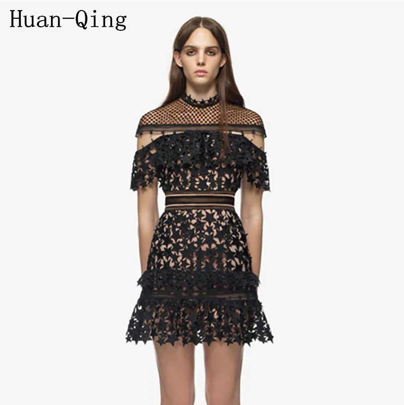 

New Sexy Lace Crochet Hollow Out Cloak Sleeve Slim Black Dress Summer Runway Women Self Portrait Vintage Vestidos Party Dresses