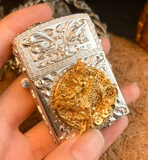 

watch video plated 22K gold + white copper handmade carved relief 3D gold Beast unicorn 12 Chinese zodiac running lighters