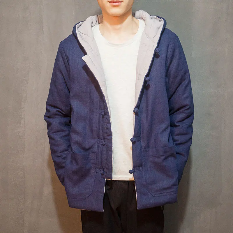 China style cotton linen winter mens hooded coat retro casual thicken cotton padded jacket male parkas