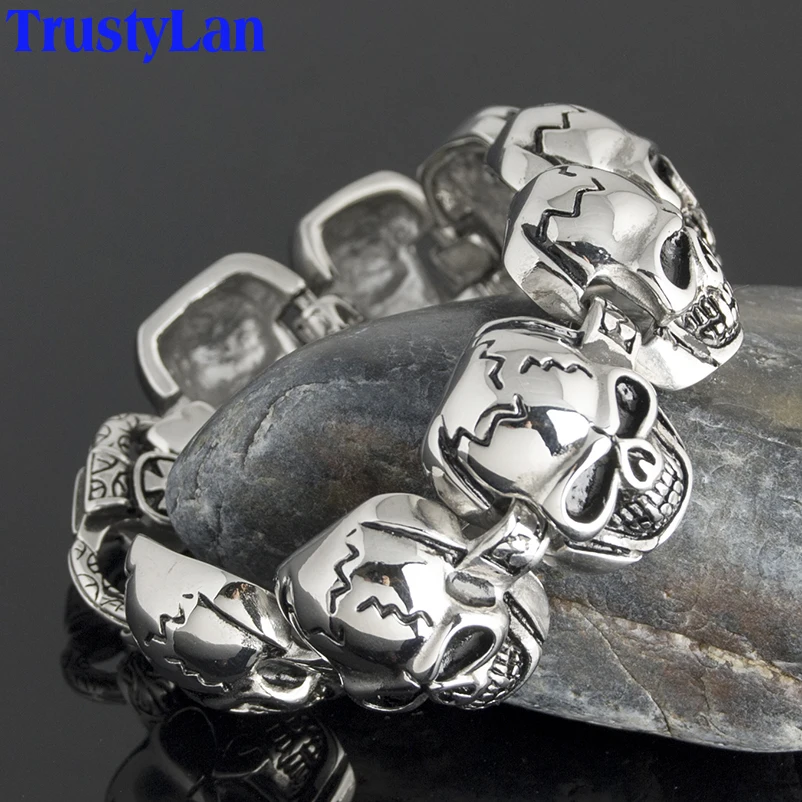 

TrustyLan Punk Rocker Mens Skull Bracelet Shiny Silver Color 316L Stainless Steel Rocker Biker Bracelet For Men Jewelry Armband