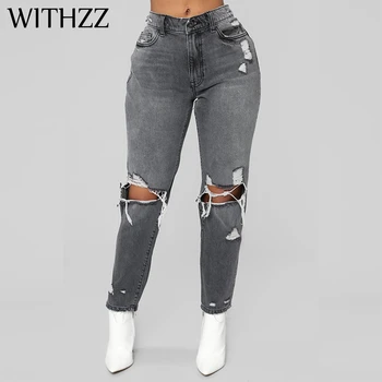 

WITHZZ Smoky Gray Fashion Knee-skinned Cotton Jeans Jeans for Women Pants Breeches Overalls Vintage Female Torn Trousers