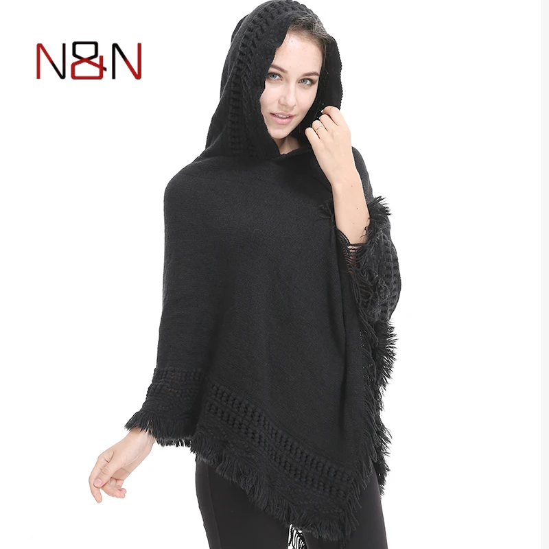 New fashionable Women Hooded Solid color Poncho  Cape Ladies Plus Size Knitted Sweaters oversize Pullover woman coat free 