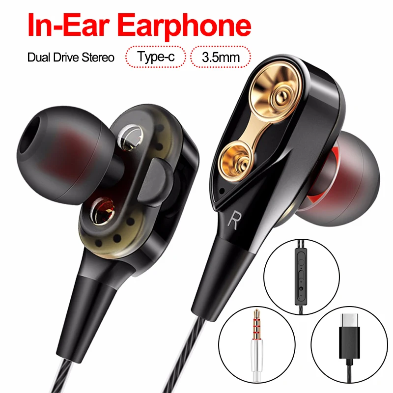 

Type C Dual Drive Stereo Wired Earphone 3.5 mm In-ear Headset Earbuds Super Bass Earphones For Huawei Xiaomi With Mic