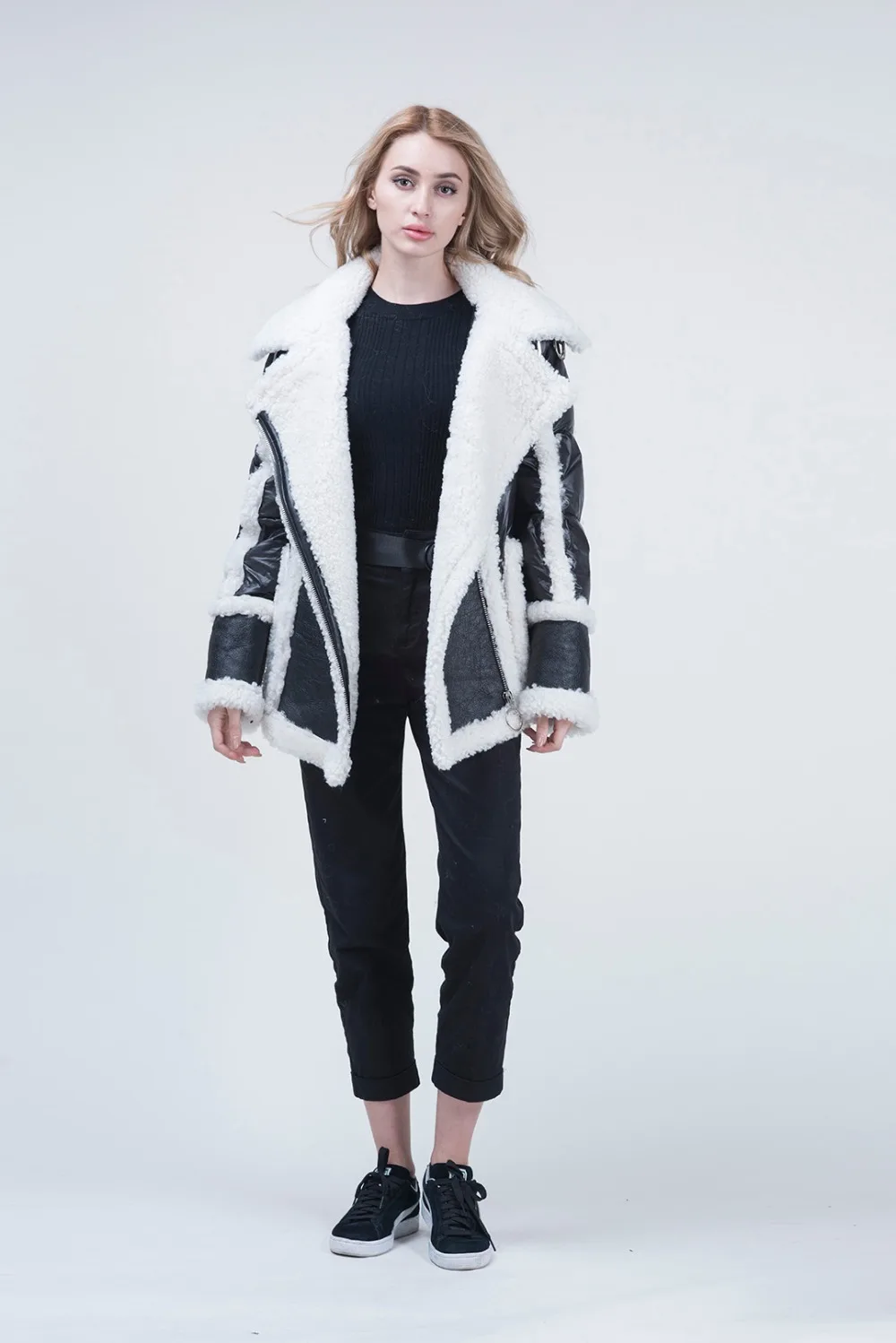Зимняя куртка пуховое пальто для женщин из натурального меха и кожи, пальто из овечка, верхняя одежда с отложным воротником