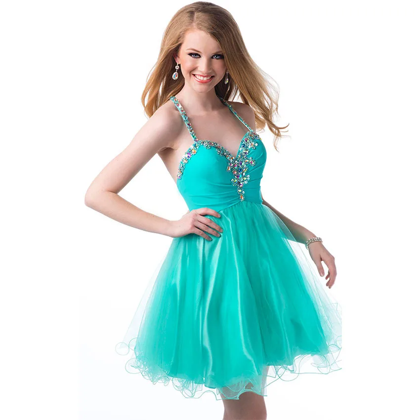 Sexy Short Dresses Turquoise Halter Purple Organza Chiffon