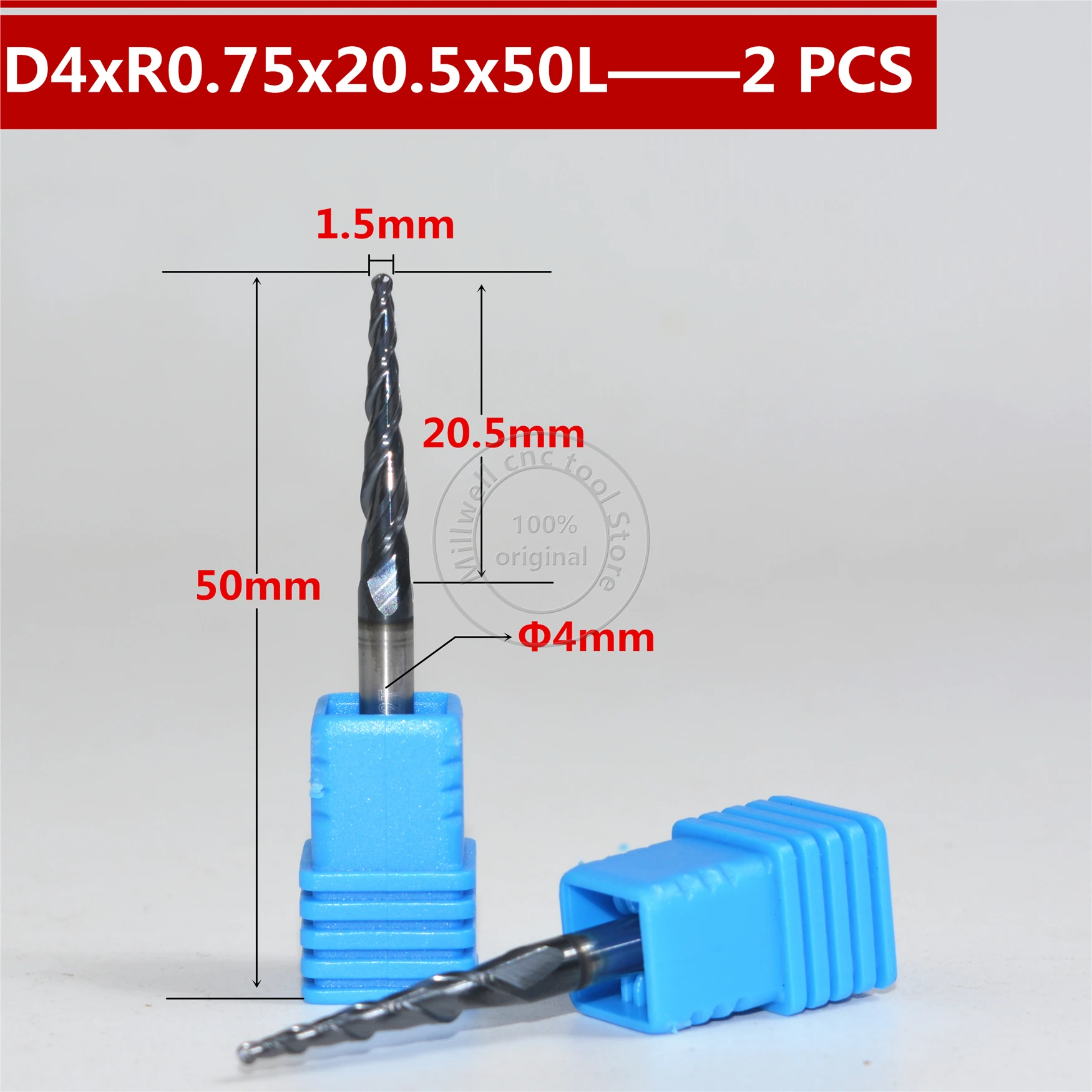 

2PCS R0.75*D4*20.5*50L CNC Tungsten solid carbide Tapered Ball Nose End Mill taper and cone end mills,woodworking router