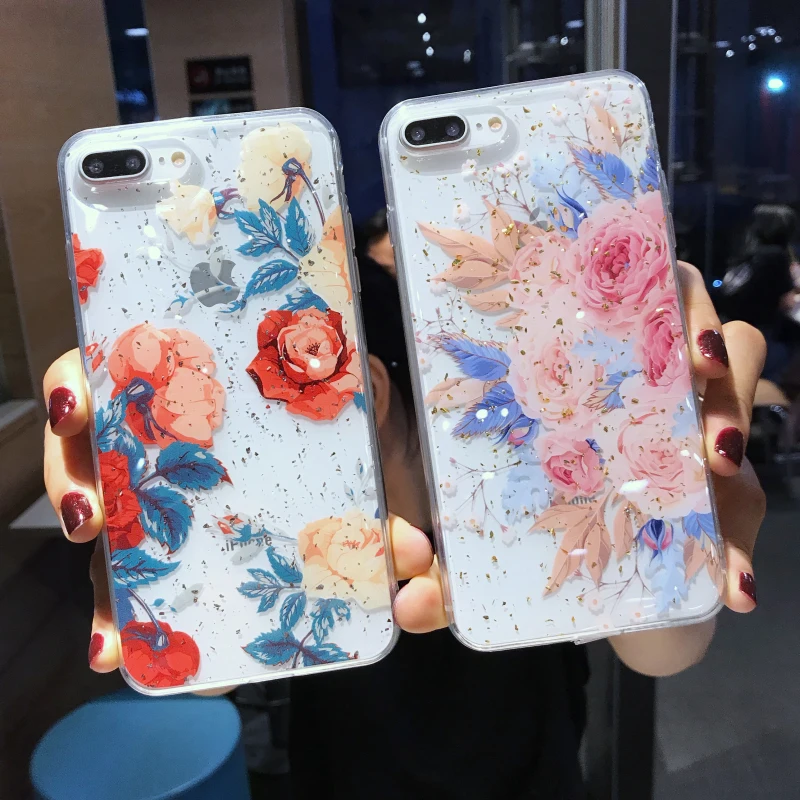 

Glitter Flower Transparent Soft Phone Case For iphone 6 6s 7 8 plus Shining Floral TPU Case For iphone X XR Xs Max Back Cover