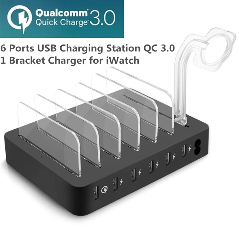 USB Charging Station Dock With Stand Holder 6 Ports Multi Function QC 3.0 Charger Mobile Phone Tablet Watch US UK EU AU | Мобильные