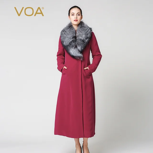 Best price at $701 Cheap red parkas VOA x long fox fur collar heavy silk cotton pardded jacket luxury brand silk winter coat M7301