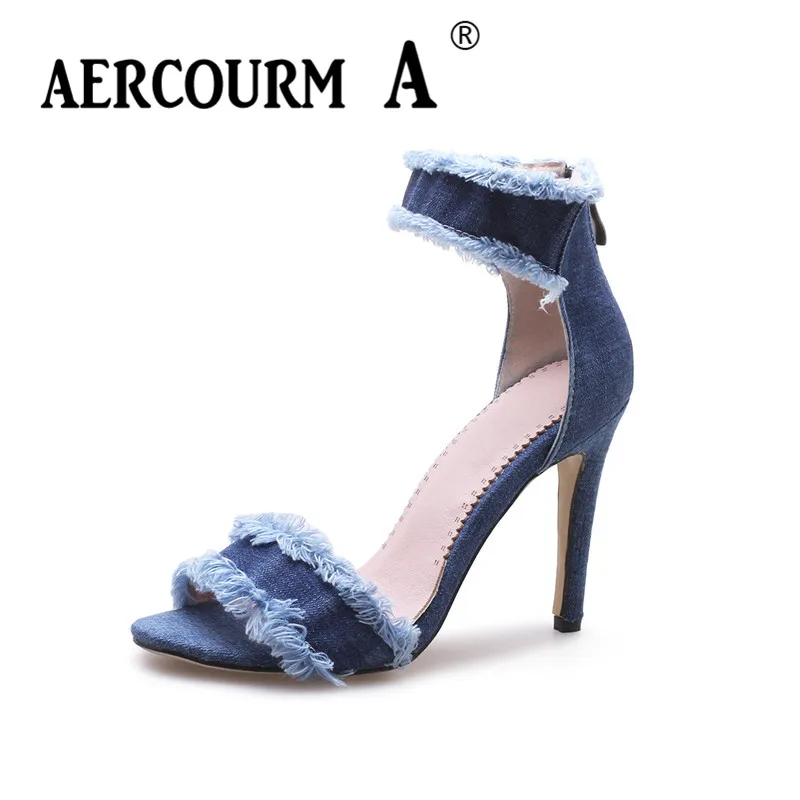 

Aercourm A Women Open Toe Denim Sandals Girls High Thin Heel Sandals Lady Ankle Buckle Solid Summer Shoes Blue Canvas Sandals