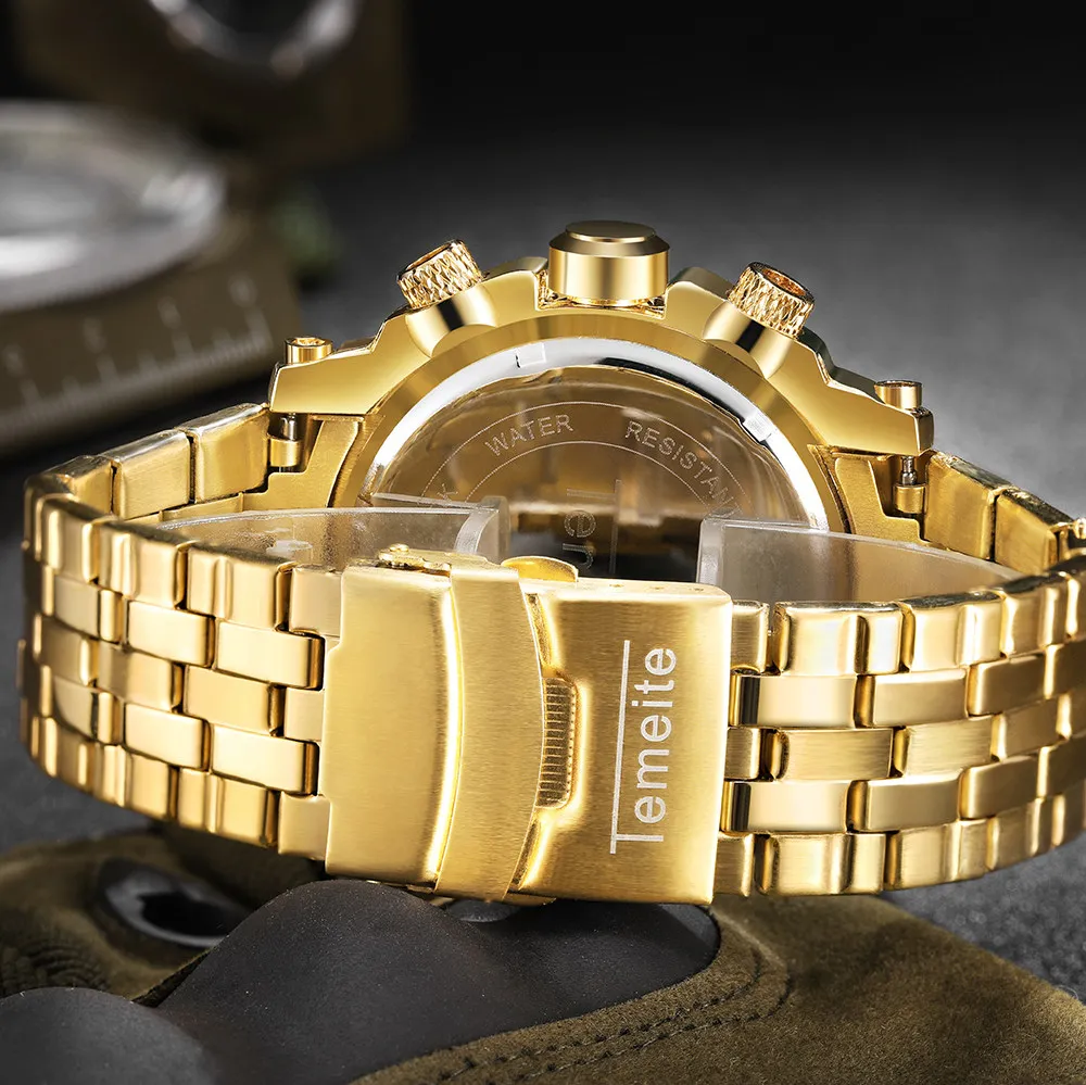 TEMEITE военные шикарные негабаритные кварцевые часы для мужчин Серебряный полный стальной ремешок наручные часы Топ Роскошные модные шикарные наручные часы
