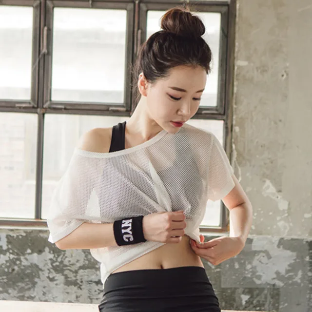 Camiseta de malla para Yoga para mujer ropa deportiva de secado r pido para correr camiseta